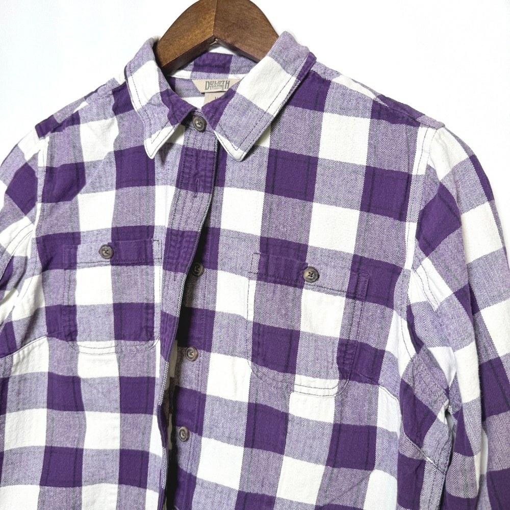 Duluth Trading Co Womens Purple White Buffalo Plaid Cotton Flannel Shirt Medium